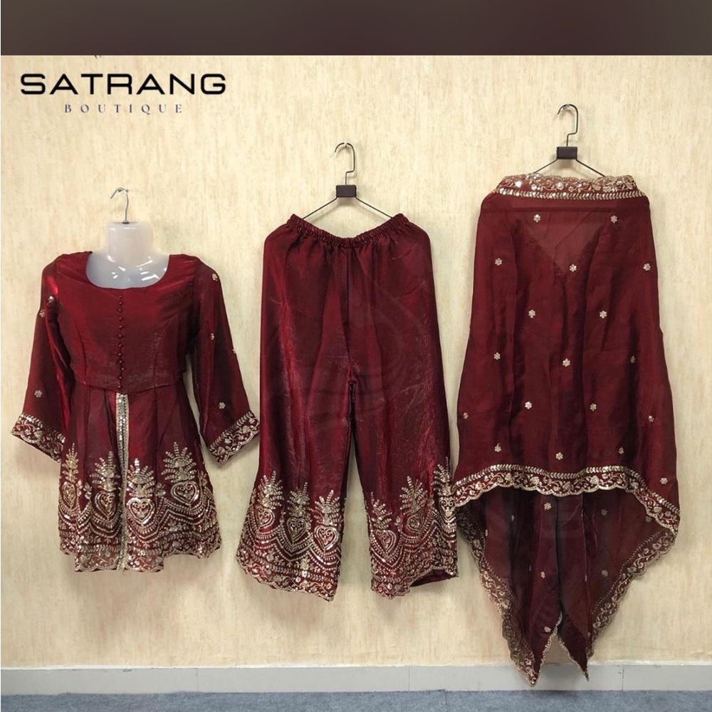 Satrang Boutique Maroon Embroidered 3-Piece Set